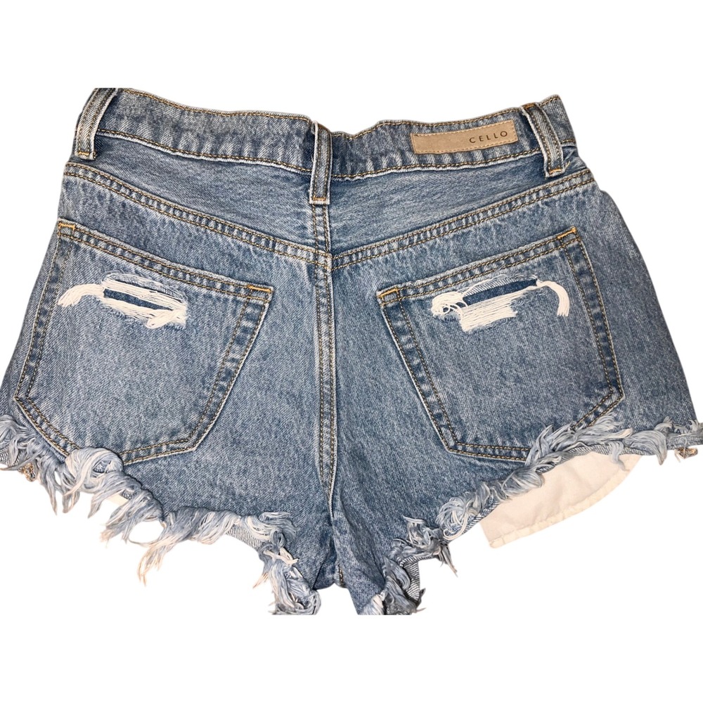 Women's Classic Five Pocket Cello High Rise Frayed Distressed Denim Shorts XS - Picture 3 of 4
